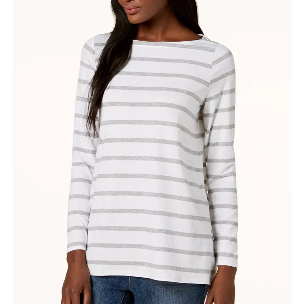 Eileen Fisher Gray and White Top Tencel Boat Neck Top XS